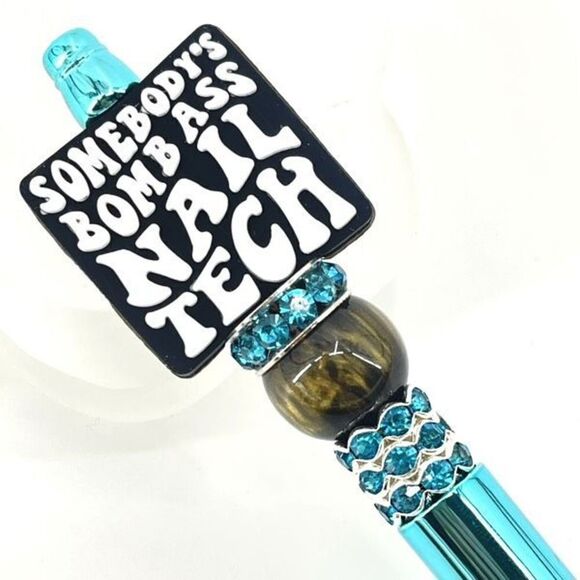 Somebody’s Bomb A** Nail Tech handmade pen NEW beads rhinestone bling black whit - Picture 5 of 5